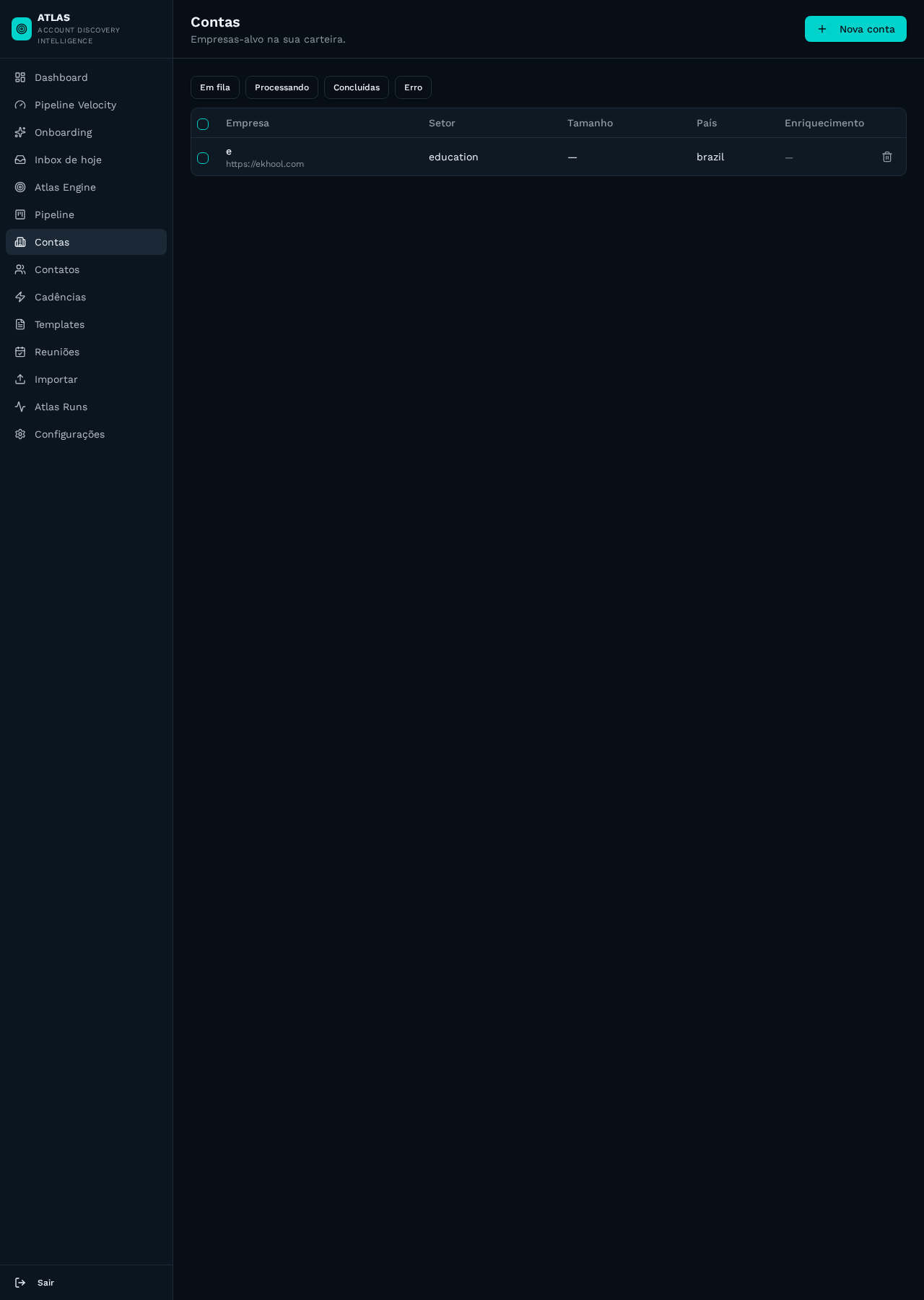 Listagem de contas com filtros e ações.